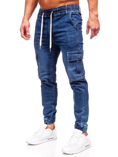 Pantaloni in jeans tipo cargo jogger da uomo blu Bolf 8117