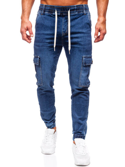 Pantaloni in jeans tipo cargo jogger da uomo blu Bolf 8117