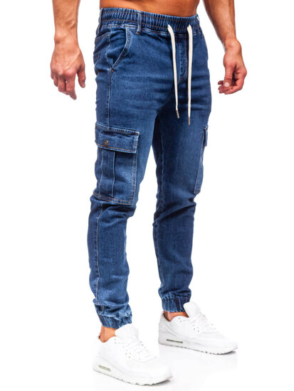 Pantaloni in jeans tipo cargo jogger da uomo blu Bolf 8117