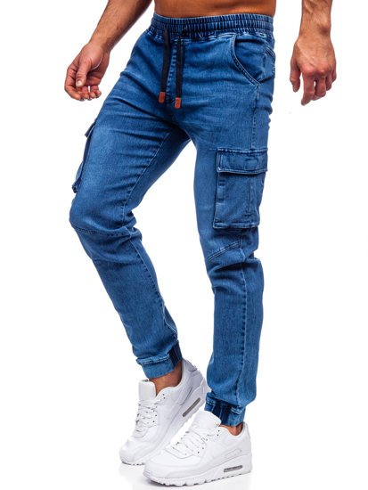 Pantaloni jogger in denim tipo cargo da uomo blu Bolf HY893