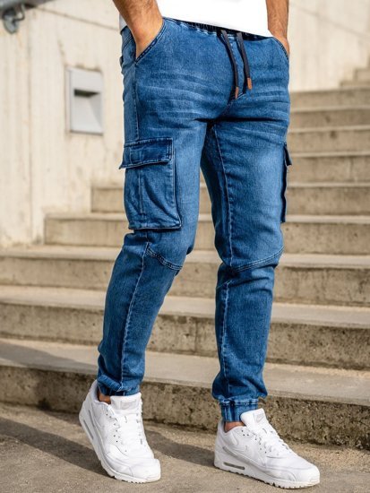 Pantaloni jogger in denim tipo cargo da uomo blu Bolf HY893