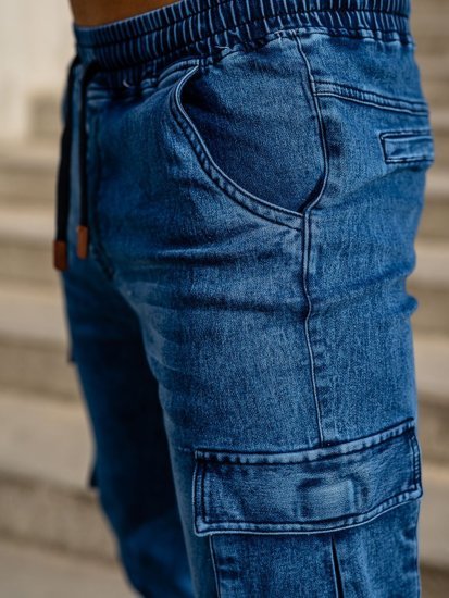 Pantaloni jogger in denim tipo cargo da uomo blu Bolf HY893