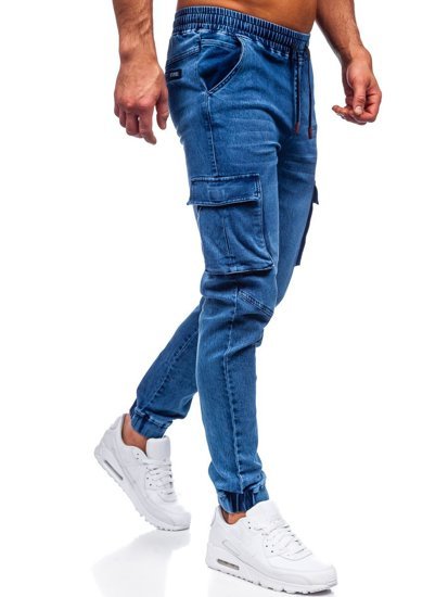 Pantaloni jogger in denim tipo cargo da uomo blu Bolf HY893