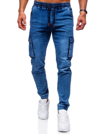 Pantaloni jogger in denim tipo cargo da uomo blu Bolf HY893