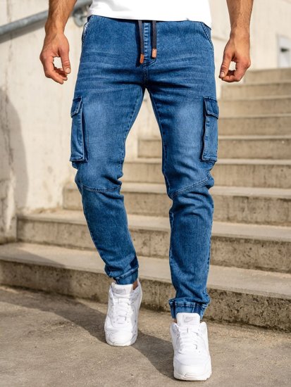 Pantaloni jogger in denim tipo cargo da uomo blu Bolf HY893