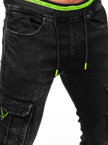 Pantaloni jogger in jeans tipo cargo da uomo neri Bolf KA9581