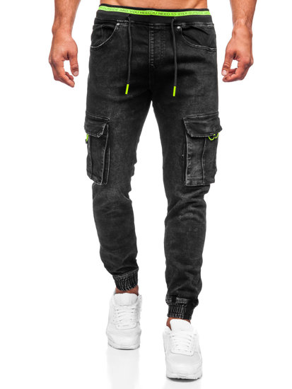 Pantaloni jogger in jeans tipo cargo da uomo neri Bolf KA9581