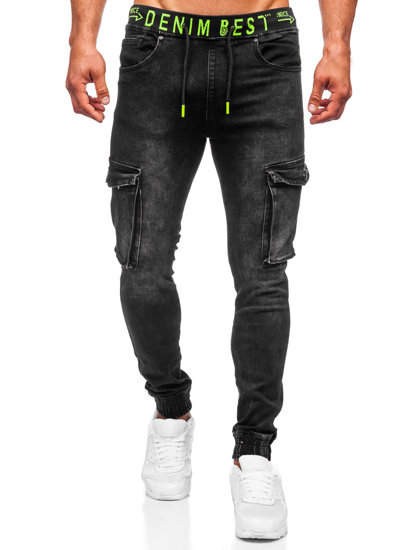 Pantaloni jogger in jeans tipo cargo da uomo neri Bolf KA9582