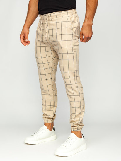 Pantaloni jogger in tessuto a scacchi da uomo beige Bolf 0064