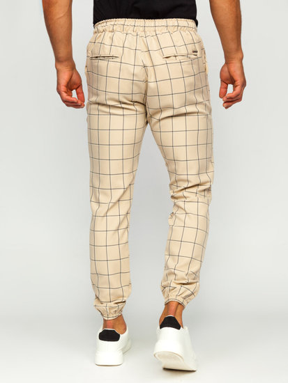 Pantaloni jogger in tessuto a scacchi da uomo beige Bolf 0064