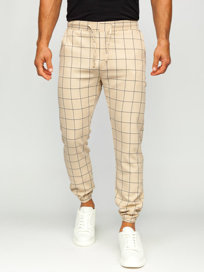 Pantaloni jogger in tessuto a scacchi da uomo beige Bolf 0064