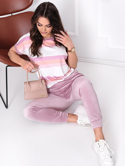 Set di tuta in velluto due pezzi da donna Stripes rosa Bolf 656