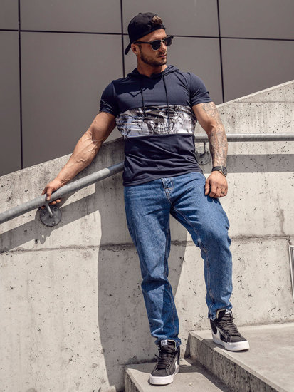 T-shirt con stampa con cappuccio da uomo blu Bolf 8T971A