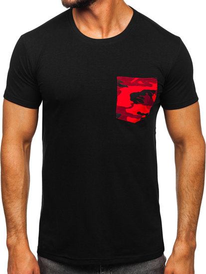 T-shirt con taschino con stampa mimetica da uomo nero-rossa Bolf 8T85