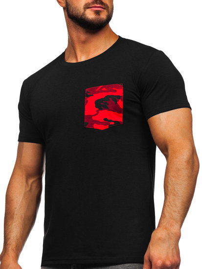 T-shirt con taschino con stampa mimetica da uomo nero-rossa Bolf 8T85