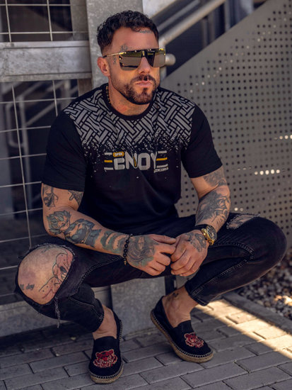 T-shirt in cotone con stampa da uomo nera Bolf 14720A