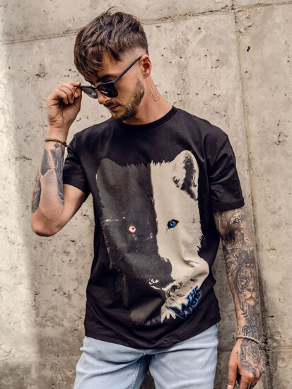 T-shirt in cotone con stampa da uomo nera Bolf 14800