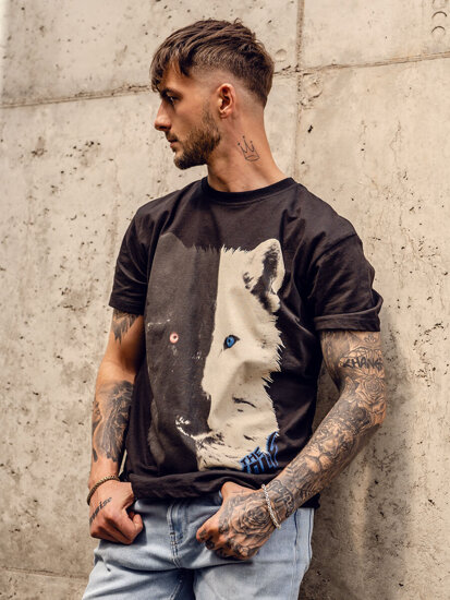 T-shirt in cotone con stampa da uomo nera Bolf 14800