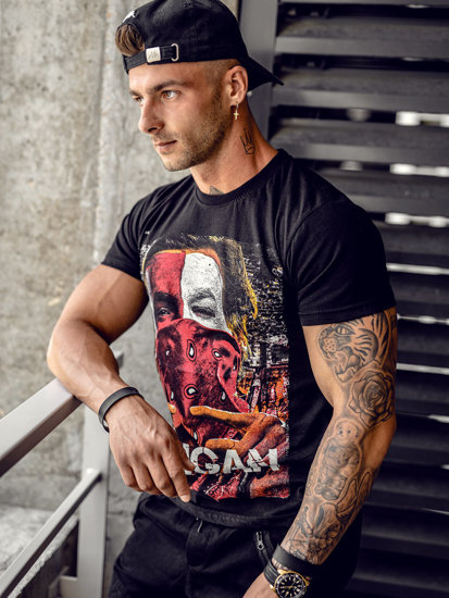 T-shirt in cotone con stampa da uomo nera Bolf CMR18A