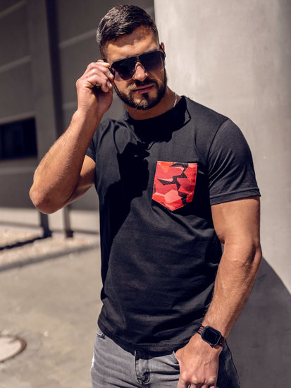 T-shirt in cotone con taschino con stampa mimetica da uomo nero-rossa Bolf 14507A