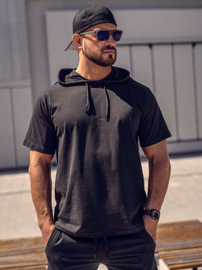 T-shirt in cotone senza stampa con cappuccio da uomo nera Bolf 14513A