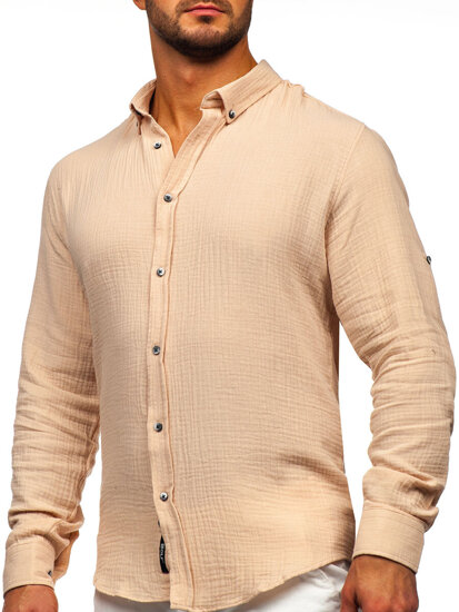 Uomo Camicia in mussola a maniche lunghe Beige Bolf 22746