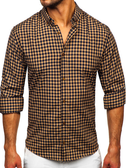 Uomo Camicia vichy a quadri con maniche lunghe Marrone Bolf 22747