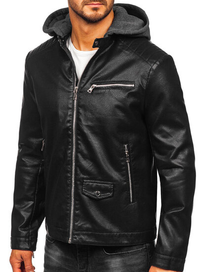 Uomo Giacca biker in pelle con cappuccio Nero Bolf 11Z8022