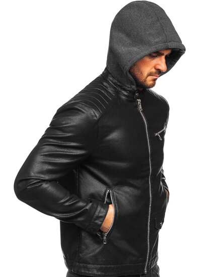 Uomo Giacca biker in pelle con cappuccio Nero Bolf 11Z8022