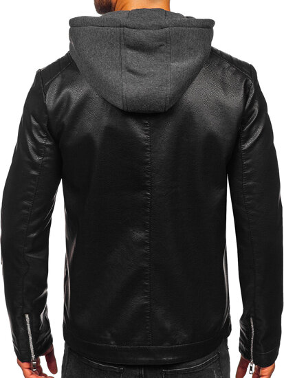 Uomo Giacca biker in pelle con cappuccio Nero Bolf 11Z8022