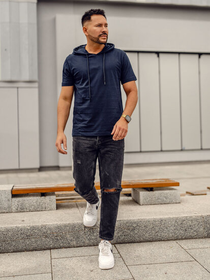 Uomo T-shirt in cotone basic con cappuccio Blu scuro Bolf 14513A