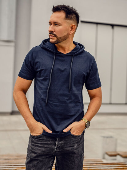 Uomo T-shirt in cotone basic con cappuccio Blu scuro Bolf 14513A