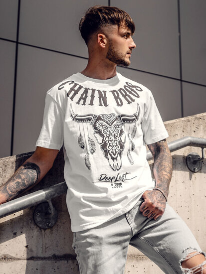 Uomo T-shirt in cotone con stampa Bianco Bolf 142174A