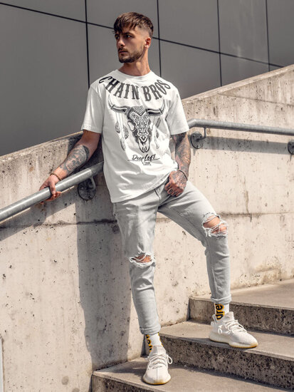 Uomo T-shirt in cotone con stampa Bianco Bolf 142174A