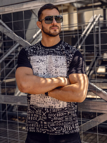 Uomo T-shirt in cotone con stampa Nero Bolf 1173A