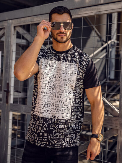 Uomo T-shirt in cotone con stampa Nero Bolf 1173A