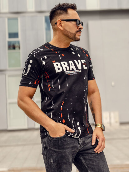 Uomo T-shirt in cotone con stampa Nero-Rosso Bolf 14727A