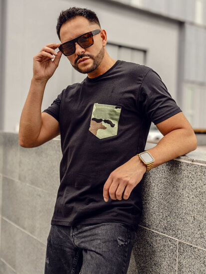 Uomo T-shirt in cotone stampato mimetico con tasca Nero Bolf 14507A