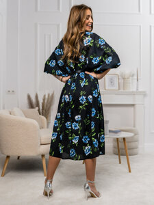 Abito lungo con fiori da donna nero-azzurro Bolf XY202116