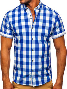 Camicia a manica corta a quadri da uomo blu fiordaliso Bolf 4508