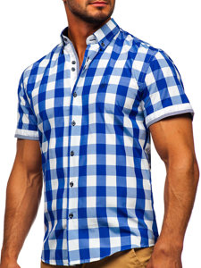 Camicia a manica corta a quadri da uomo blu fiordaliso Bolf 4508