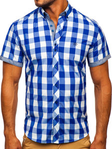 Camicia a manica corta a quadri da uomo blu fiordaliso Bolf 6522