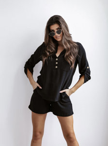 Camicia a maniche lunghe Breezy Linen da donna nera Bolf VE51