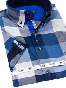 Camicia a quadri a manicha corta da uomo blu Bolf 5532