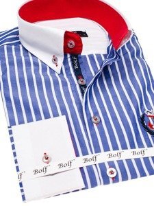 Camicia a righe a manica lunga da uomo azzurra Bolf 1771