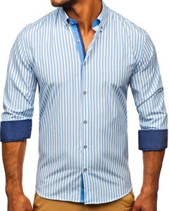 Camicia a righe a manica lunga da uomo celeste Bolf 20704