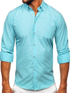 Camicia a righe a maniche lunghe da uomo turchese Bolf 22731