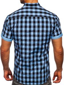 Camicia  a scacchi a manica corta da uomo nero-celeste Bolf 4508