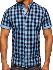 Camicia  a scacchi a manica corta da uomo nero-celeste Bolf 4508