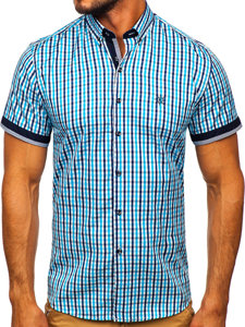 Camicia a scacchi a manica corta da uomo turchese Bolf 4510